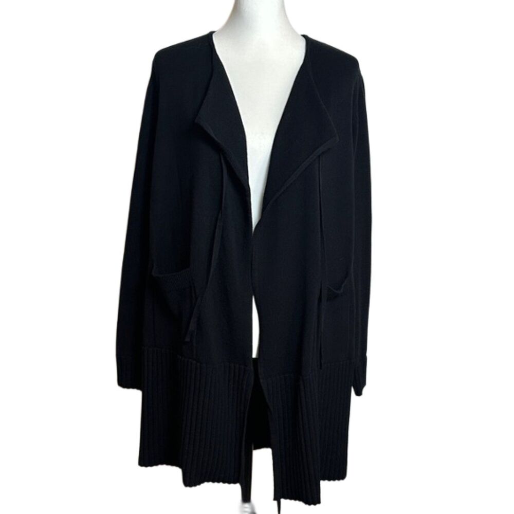 Cabi Open Front Chunky Knit Cardigan Womens Large Tie Pockets Minimalist Black
